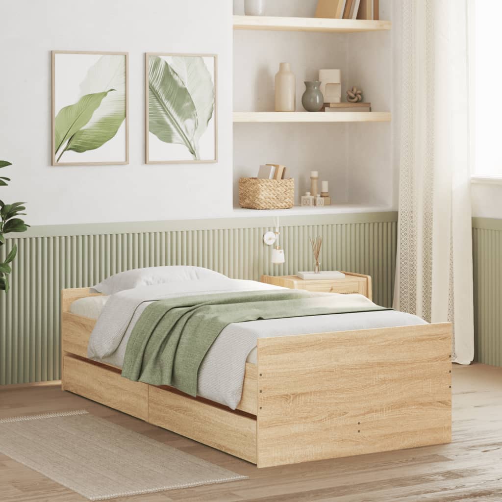 Bedframe met lades sonoma eikenkleurig 100x200 cm is nu te koop bij PeponiXL, paradijselijk wonen!