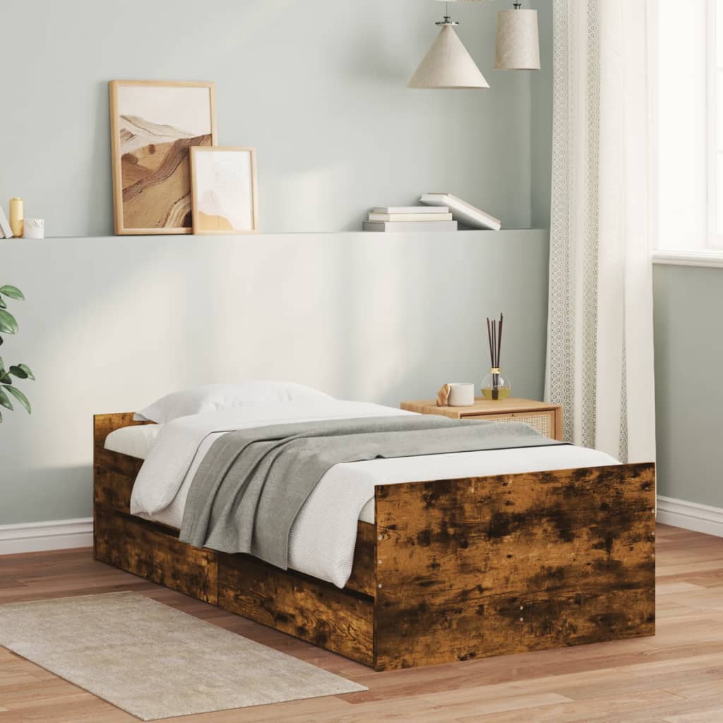Bedframe met lades gerookt eikenkleurig 100x200 cm is nu te koop bij PeponiXL, paradijselijk wonen!