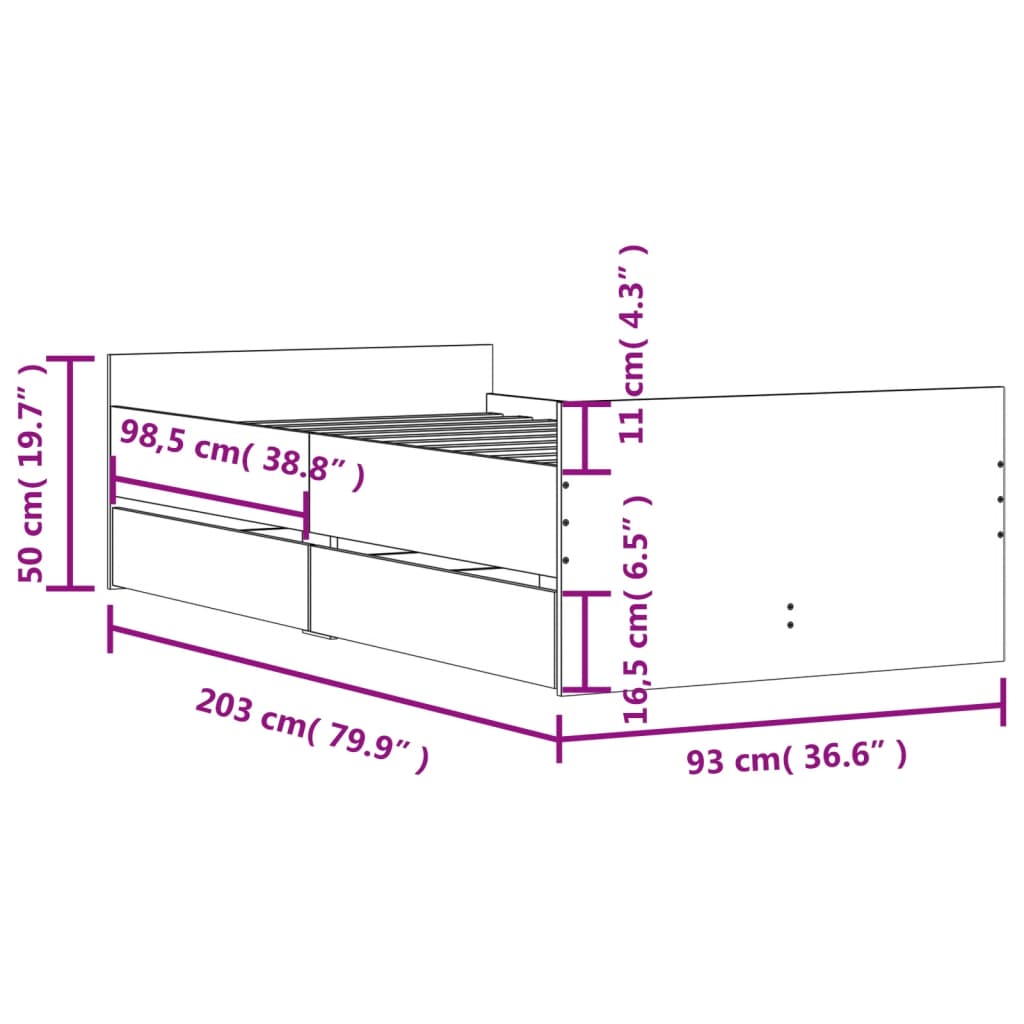 Bedframe met lades gerookt eikenkleurig 90x200 cm is nu te koop bij PeponiXL, paradijselijk wonen!
