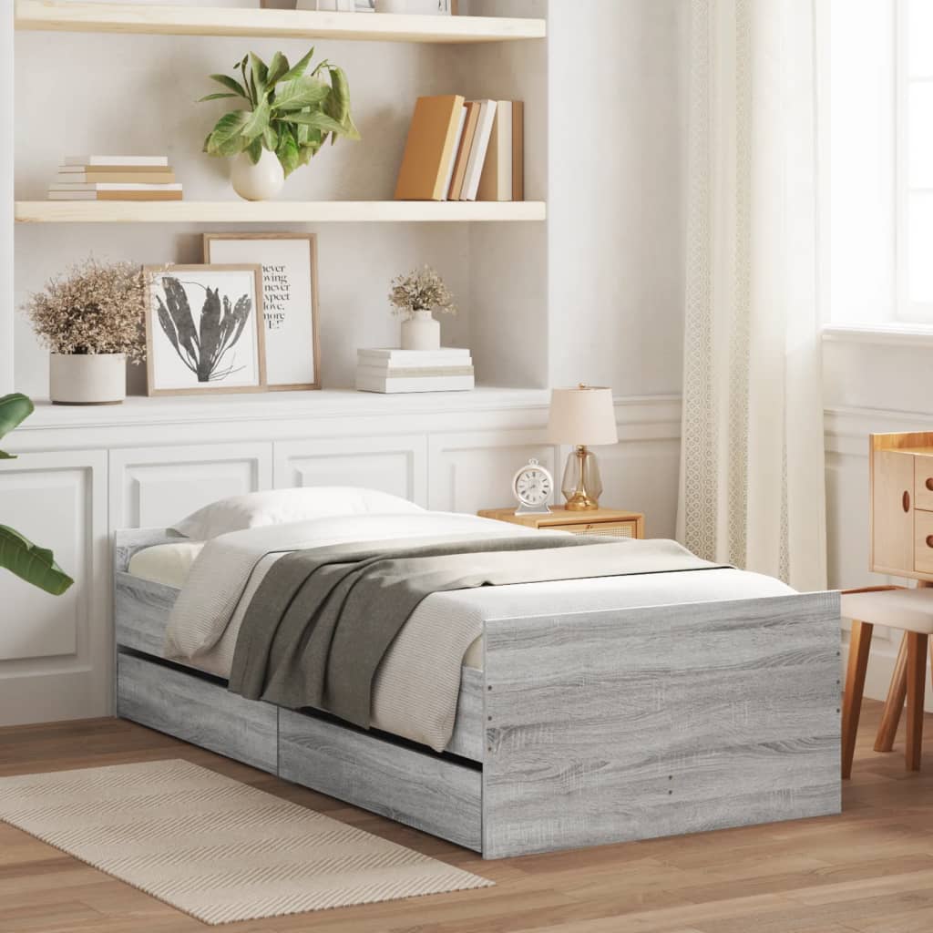Bedframe met lades grijs sonoma eikenkleurig 90x200 cm is nu te koop bij PeponiXL, paradijselijk wonen!