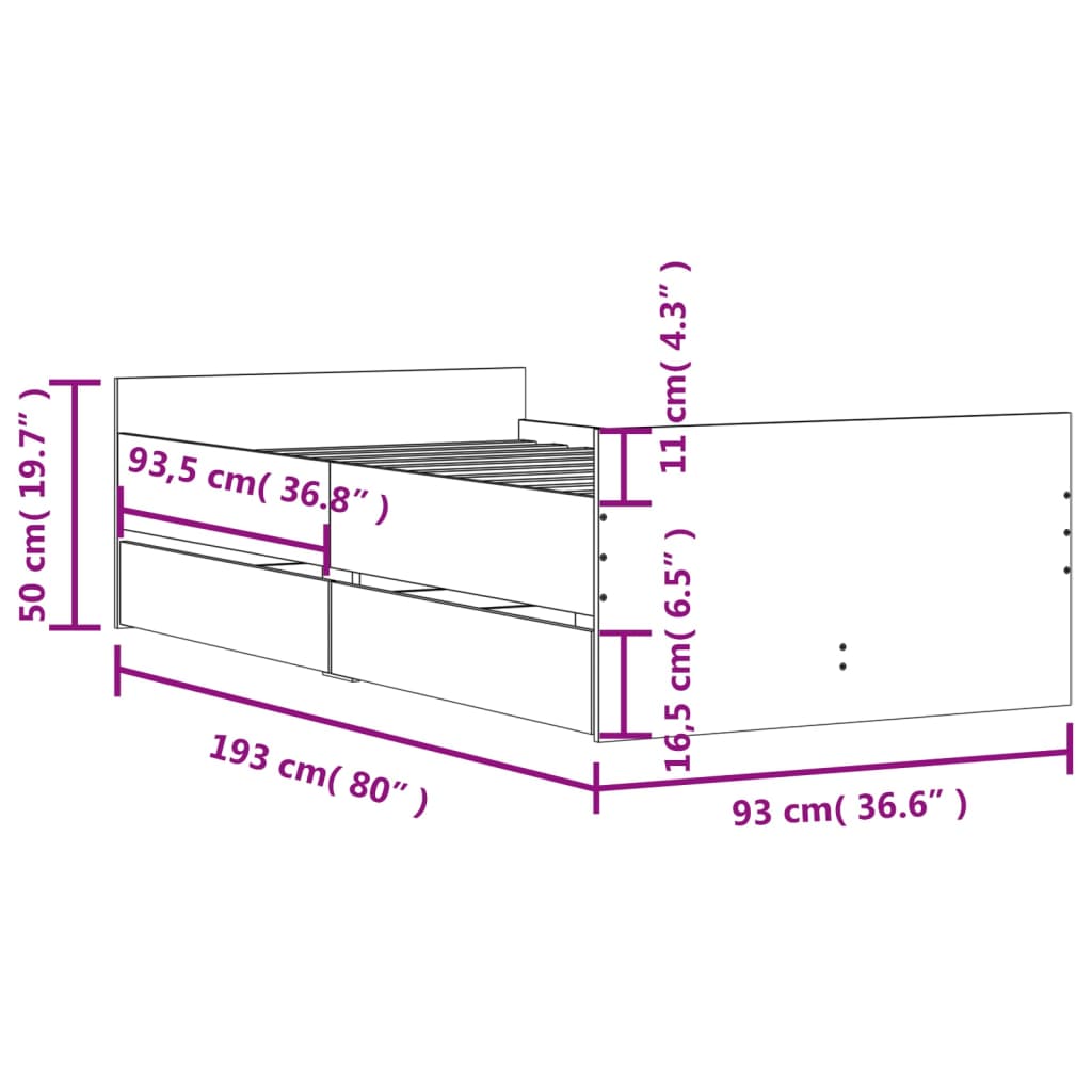 Bedframe met lades grijs sonoma eikenkleurig 90x190 cm is nu te koop bij PeponiXL, paradijselijk wonen!