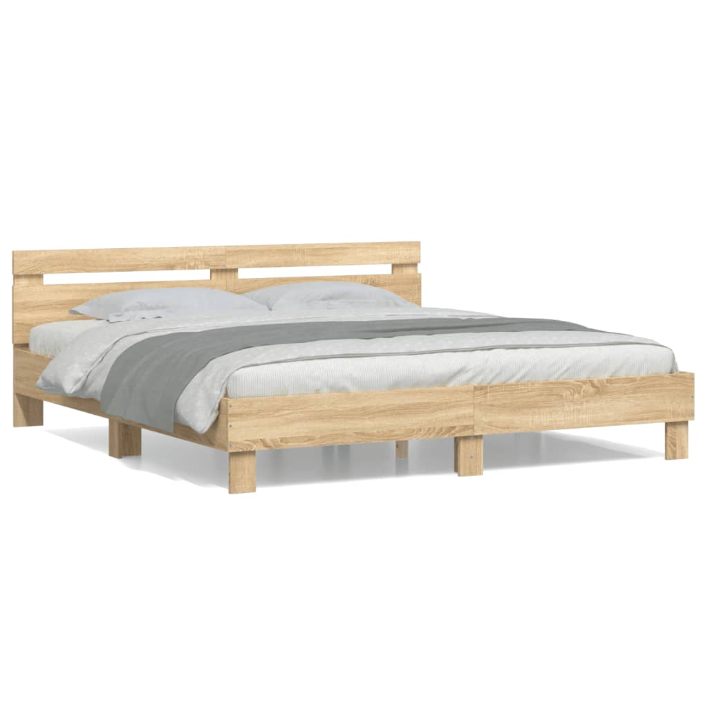 Bedframe met hoofdeinde bewerkt hout sonoma eiken 200x200 cm is nu te koop bij PeponiXL, paradijselijk wonen!