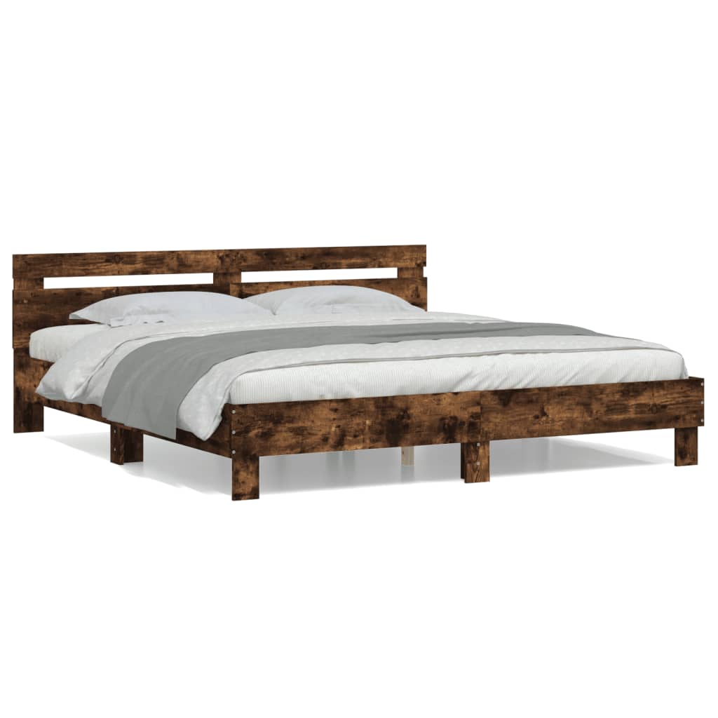 Bedframe met hoofdeinde bewerkt hout gerookt eiken 200x200 cm is nu te koop bij PeponiXL, paradijselijk wonen!