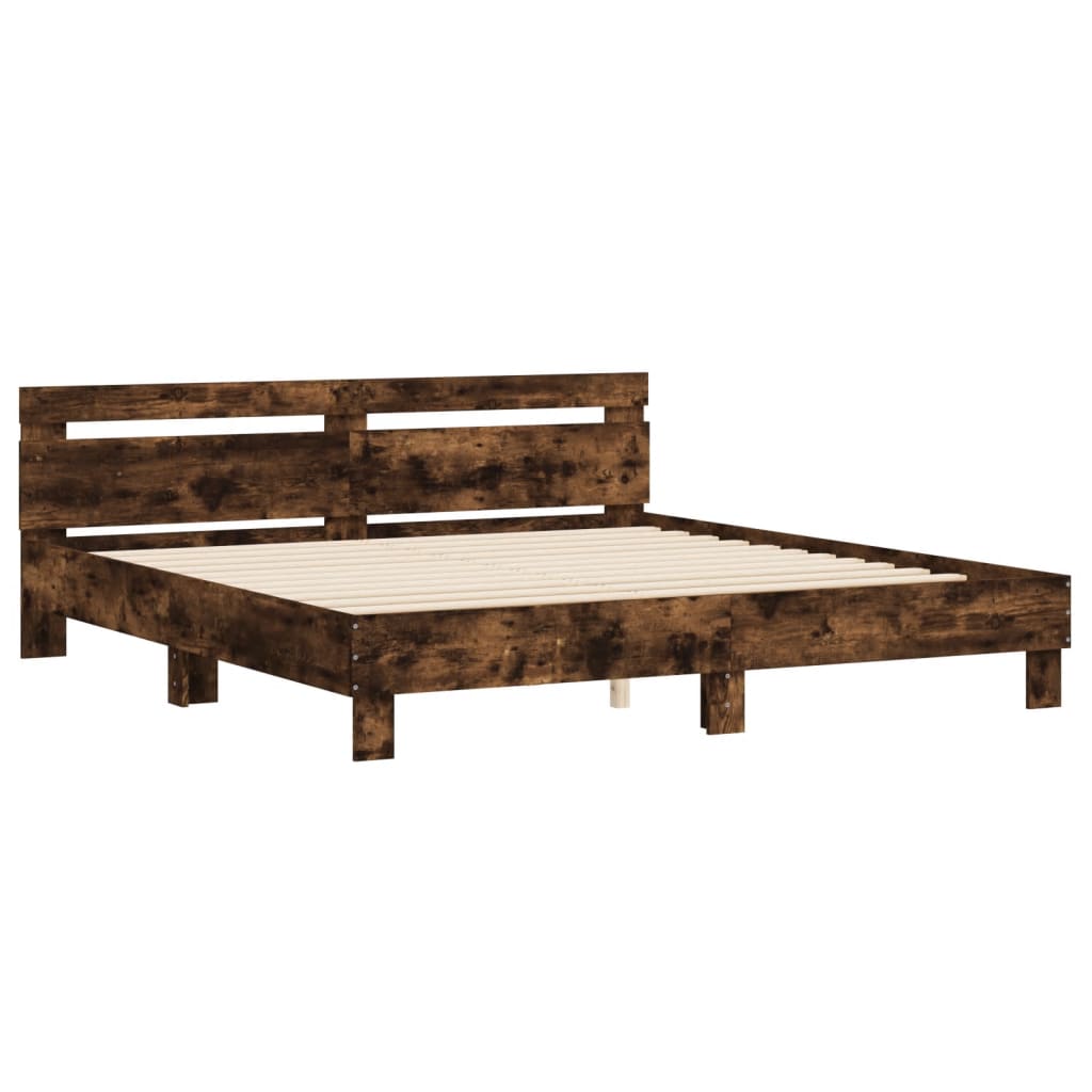 Bedframe met hoofdeinde bewerkt hout gerookt eiken 200x200 cm is nu te koop bij PeponiXL, paradijselijk wonen!