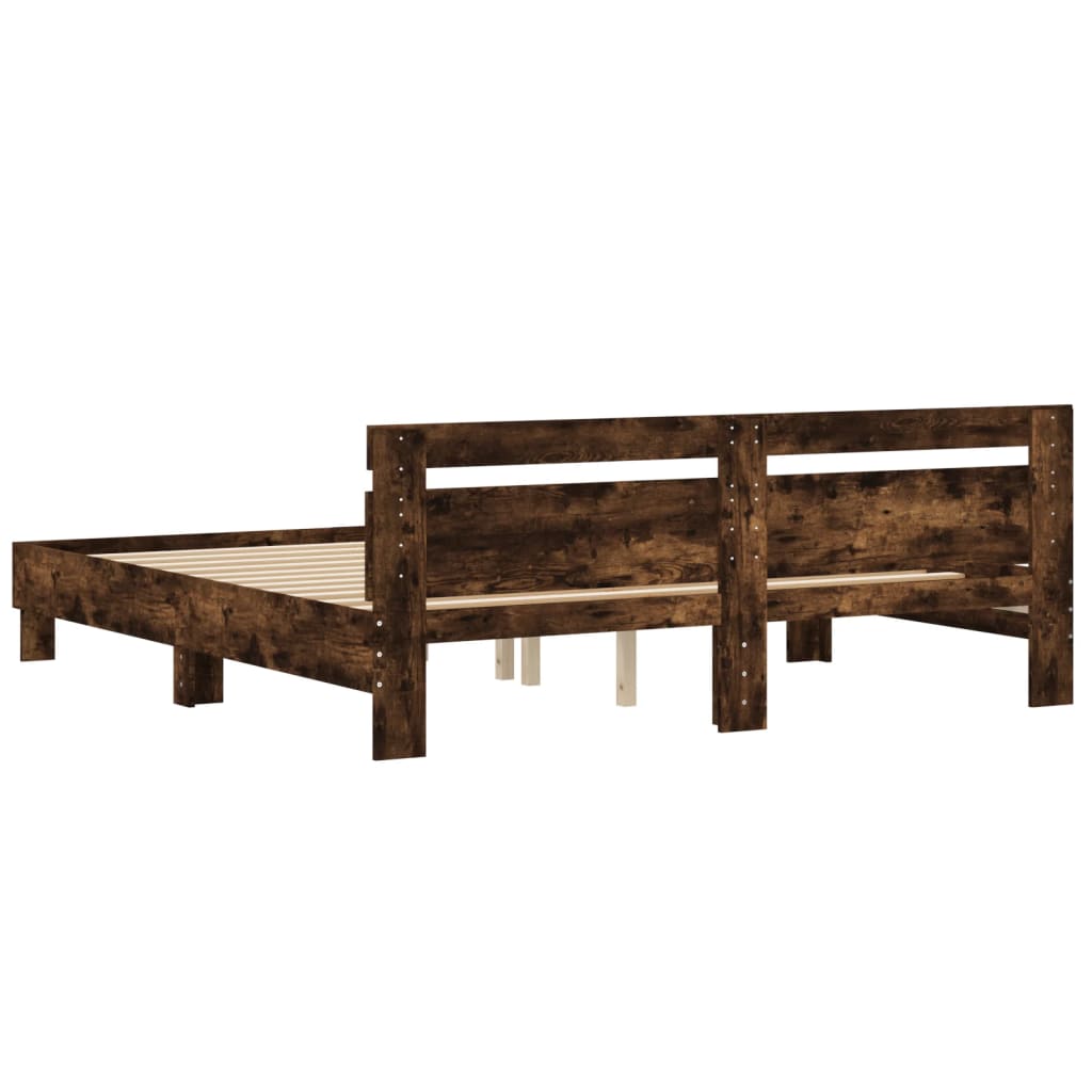 Bedframe met hoofdeinde bewerkt hout gerookt eiken 200x200 cm is nu te koop bij PeponiXL, paradijselijk wonen!