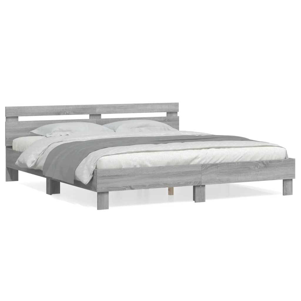 Bedframe met hoofdeinde bewerkt hout grijs sonoma 200x200 cm is nu te koop bij PeponiXL, paradijselijk wonen!