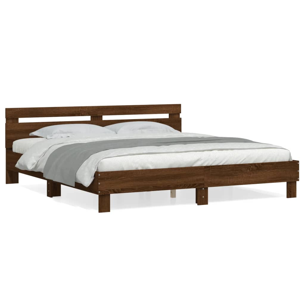Bedframe met hoofdeinde bewerkt hout bruineikenkleur 200x200 cm is nu te koop bij PeponiXL, paradijselijk wonen!