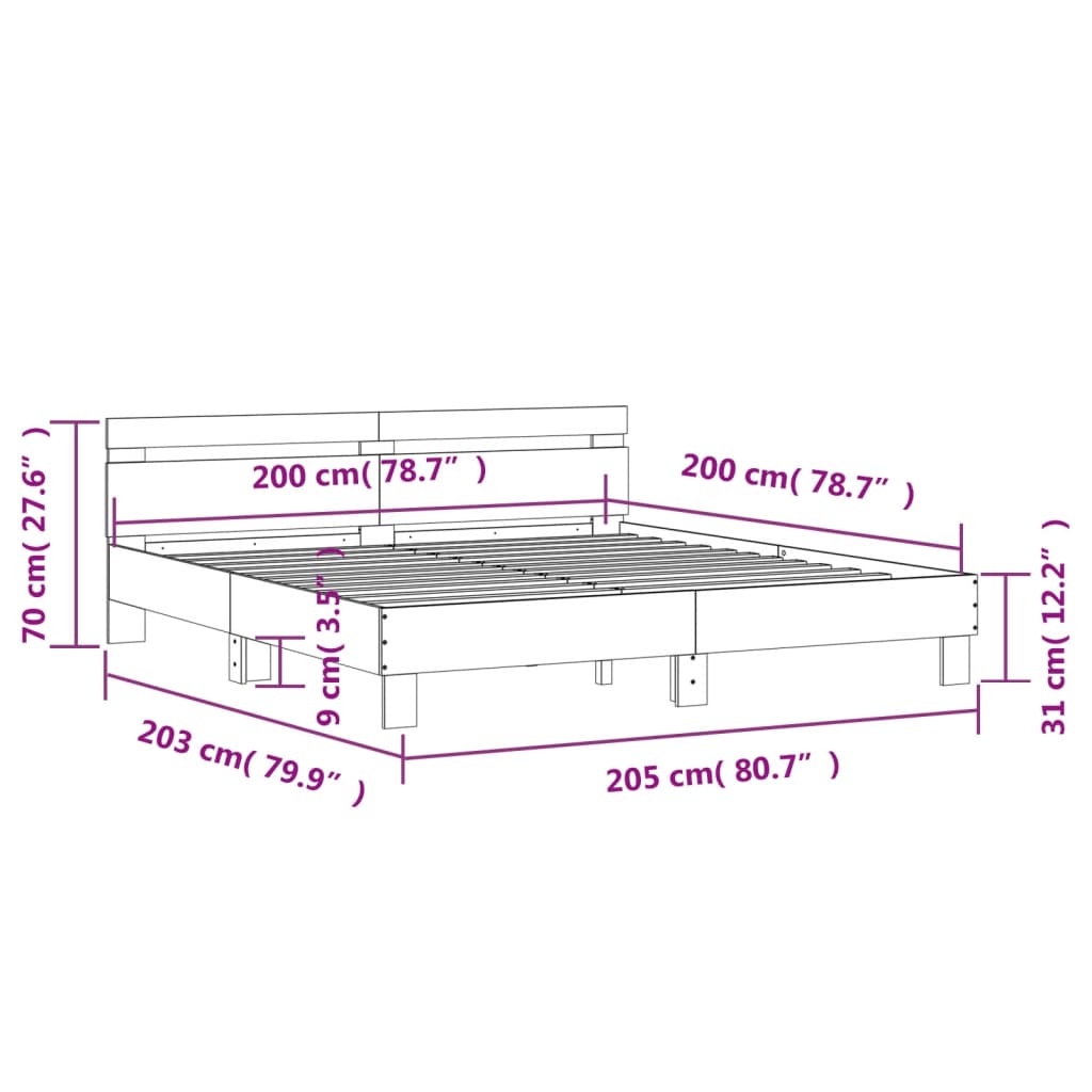 Bedframe met hoofdeinde bewerkt hout bruineikenkleur 200x200 cm is nu te koop bij PeponiXL, paradijselijk wonen!
