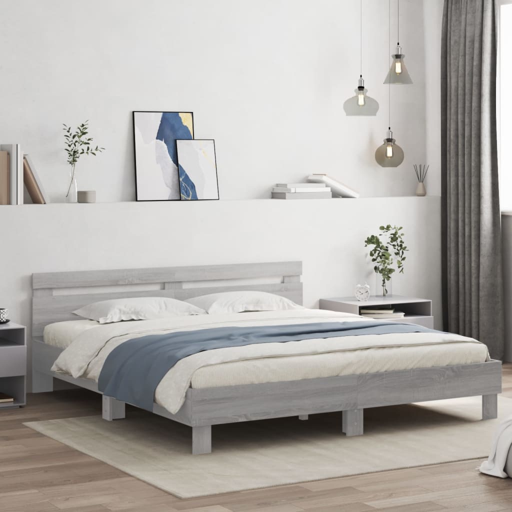 Bedframe met hoofdeinde bewerkt hout grijs sonoma 180x200 cm is nu te koop bij PeponiXL, paradijselijk wonen!