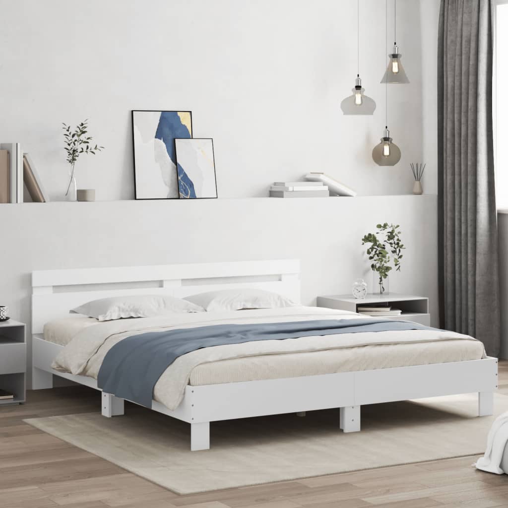 Bedframe met hoofdbord bewerkt hout wit 160x200 cm is nu te koop bij PeponiXL, paradijselijk wonen!