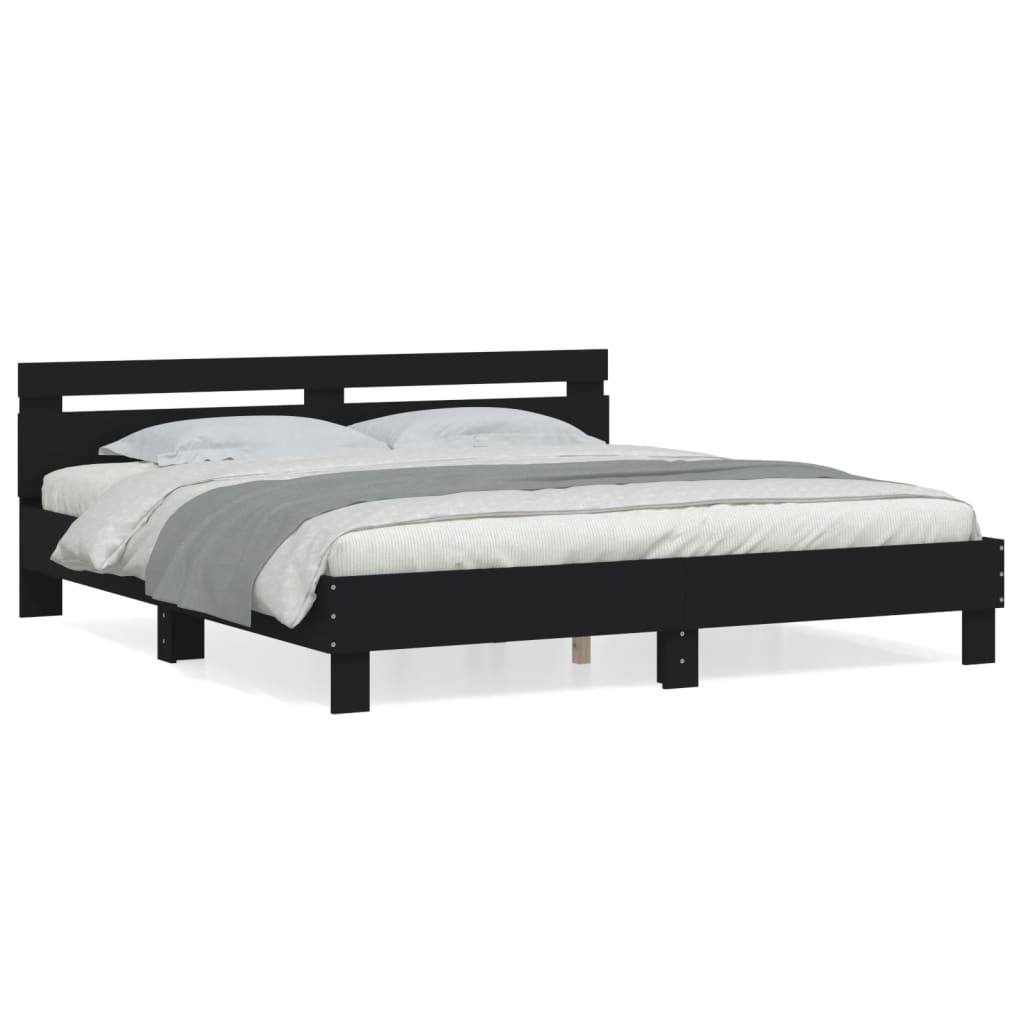 Bedframe met hoofdbord bewerkt hout zwart 160x200 cm is nu te koop bij PeponiXL, paradijselijk wonen!