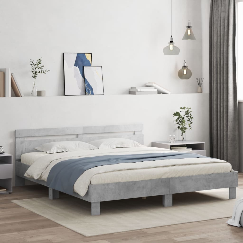 Bedframe met hoofdeinde bewerkt hout betongrijs 160x200 cm is nu te koop bij PeponiXL, paradijselijk wonen!