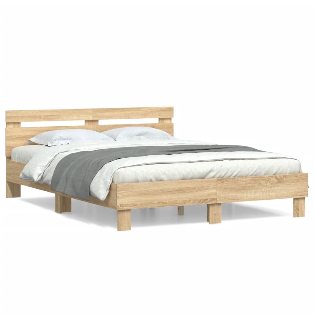 Bedframe met hoofdeinde bewerkt hout sonoma eiken 150x200 cm is nu te koop bij PeponiXL, paradijselijk wonen!