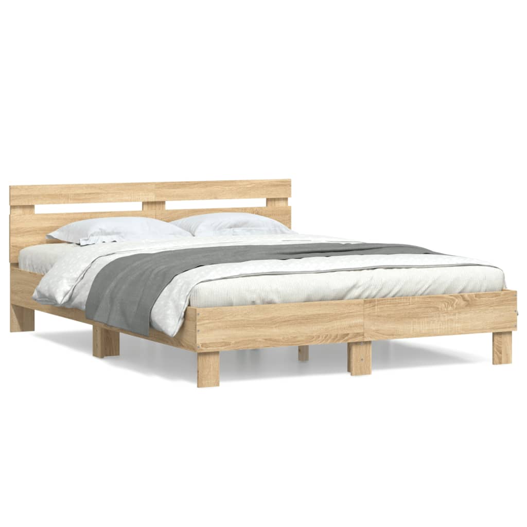 Bedframe met hoofdeinde bewerkt hout sonoma eiken 150x200 cm is nu te koop bij PeponiXL, paradijselijk wonen!