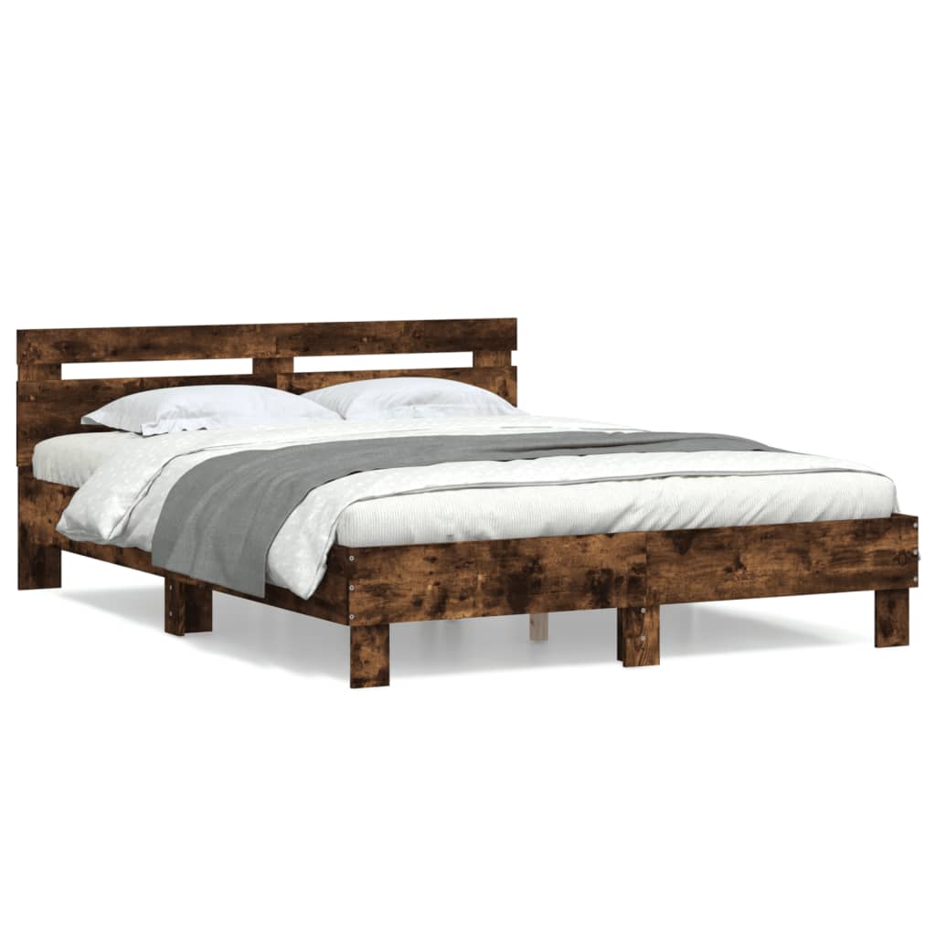 Bedframe met hoofdeinde bewerkt hout gerookt eiken 150x200 cm is nu te koop bij PeponiXL, paradijselijk wonen!