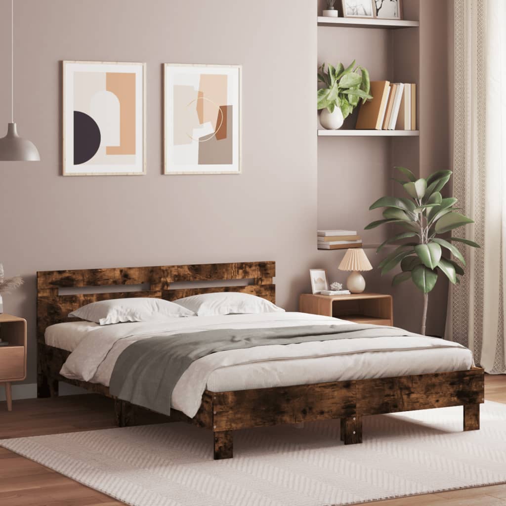 Bedframe met hoofdeinde bewerkt hout gerookt eiken 150x200 cm is nu te koop bij PeponiXL, paradijselijk wonen!