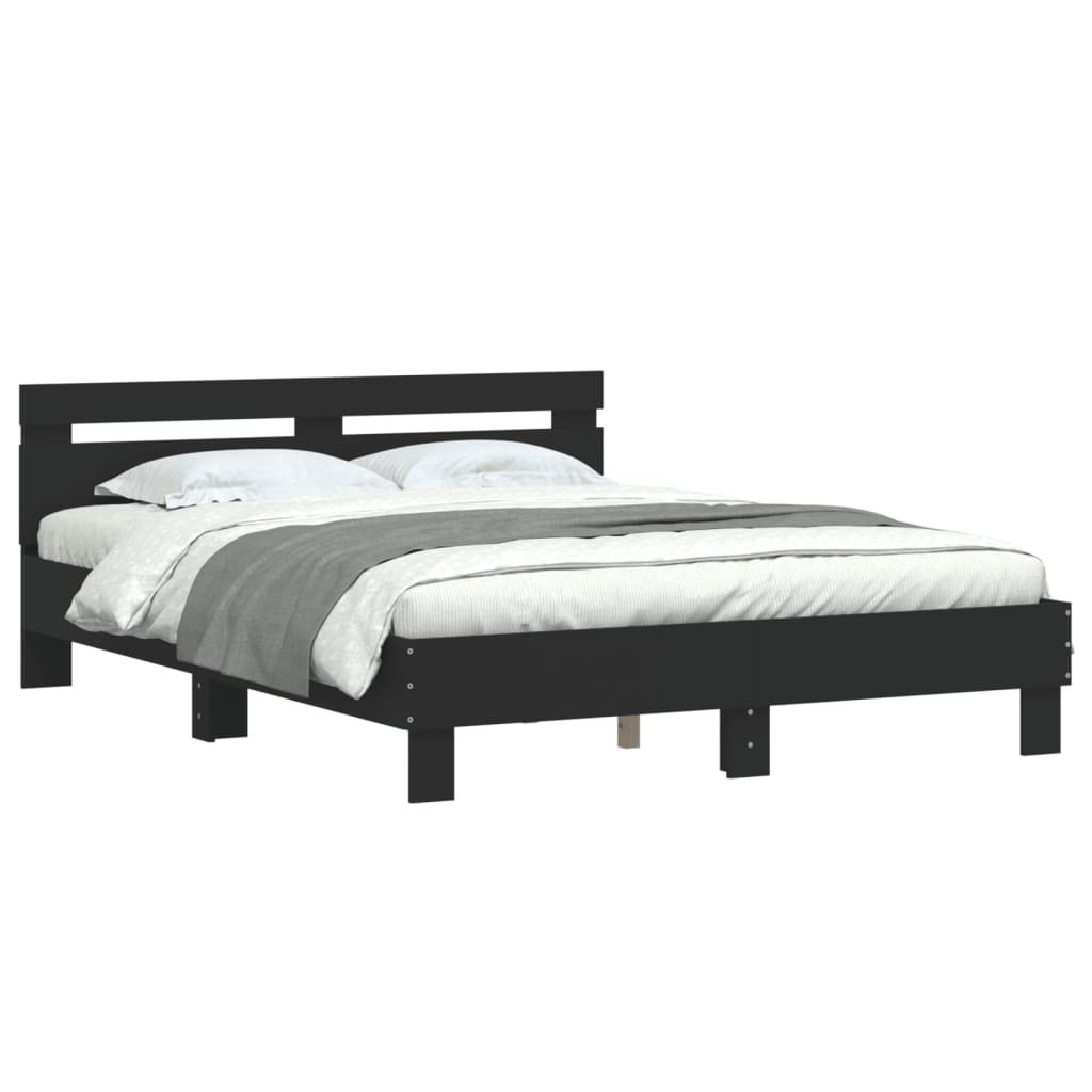 Bedframe met hoofdbord bewerkt hout zwart 140x200 cm is nu te koop bij PeponiXL, paradijselijk wonen!