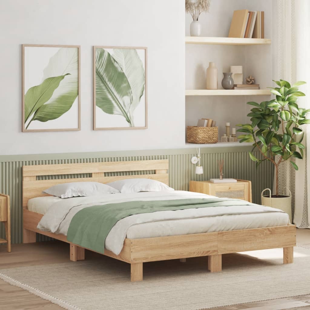 Bedframe met hoofdeinde bewerkt hout sonoma eiken 140x200 cm is nu te koop bij PeponiXL, paradijselijk wonen!