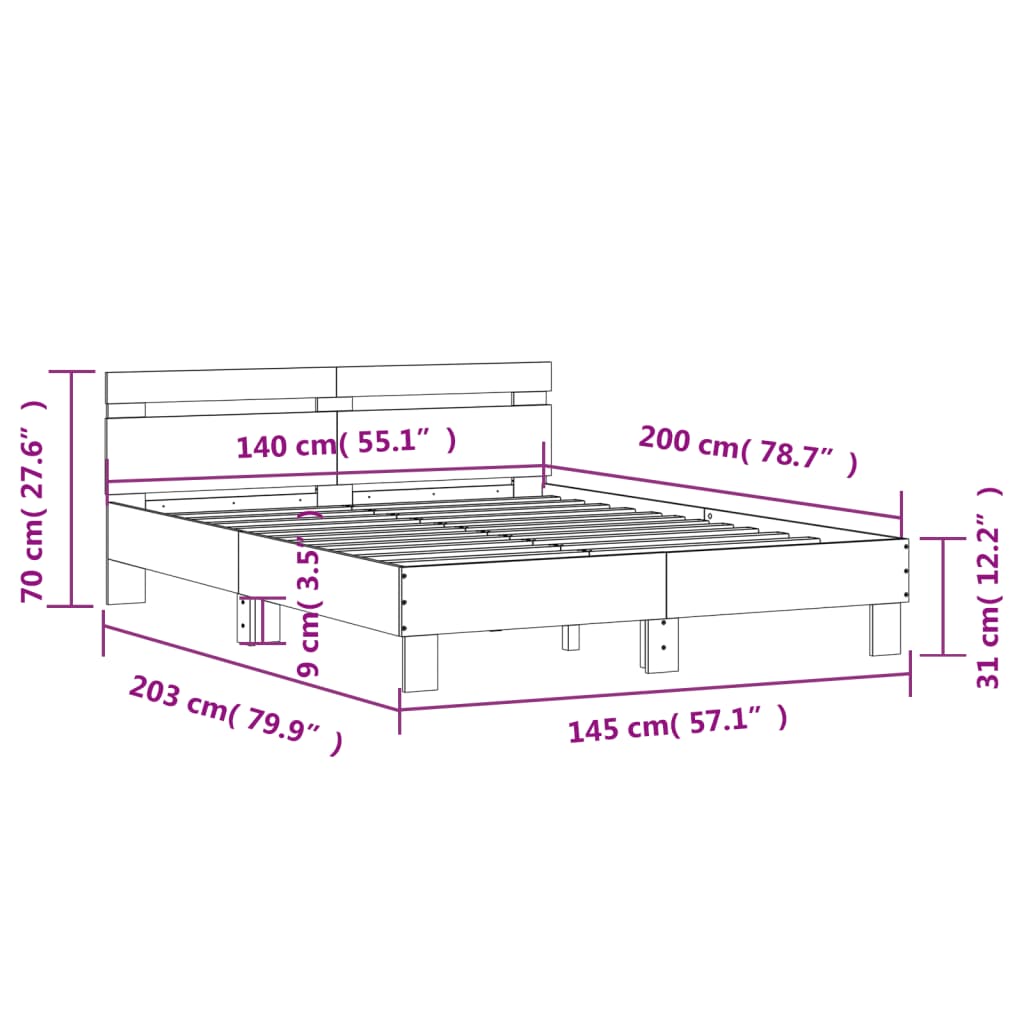 Bedframe met hoofdeinde bewerkt hout bruineikenkleur 140x200 cm is nu te koop bij PeponiXL, paradijselijk wonen!