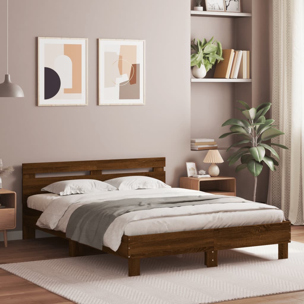 Bedframe met hoofdeinde bewerkt hout bruineikenkleur 140x200 cm is nu te koop bij PeponiXL, paradijselijk wonen!