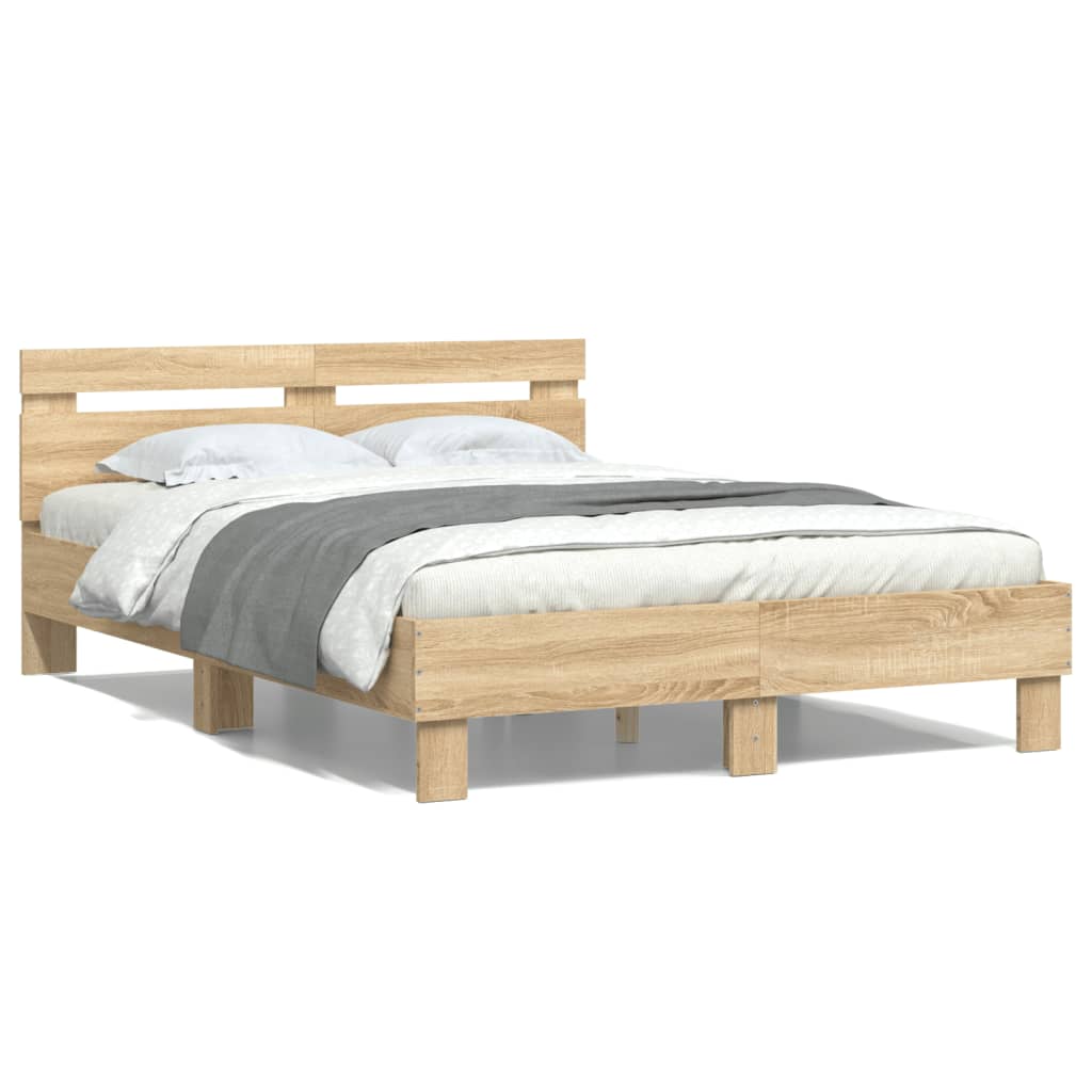 Bedframe met hoofdeinde bewerkt hout sonoma eiken 120x200 cm is nu te koop bij PeponiXL, paradijselijk wonen!