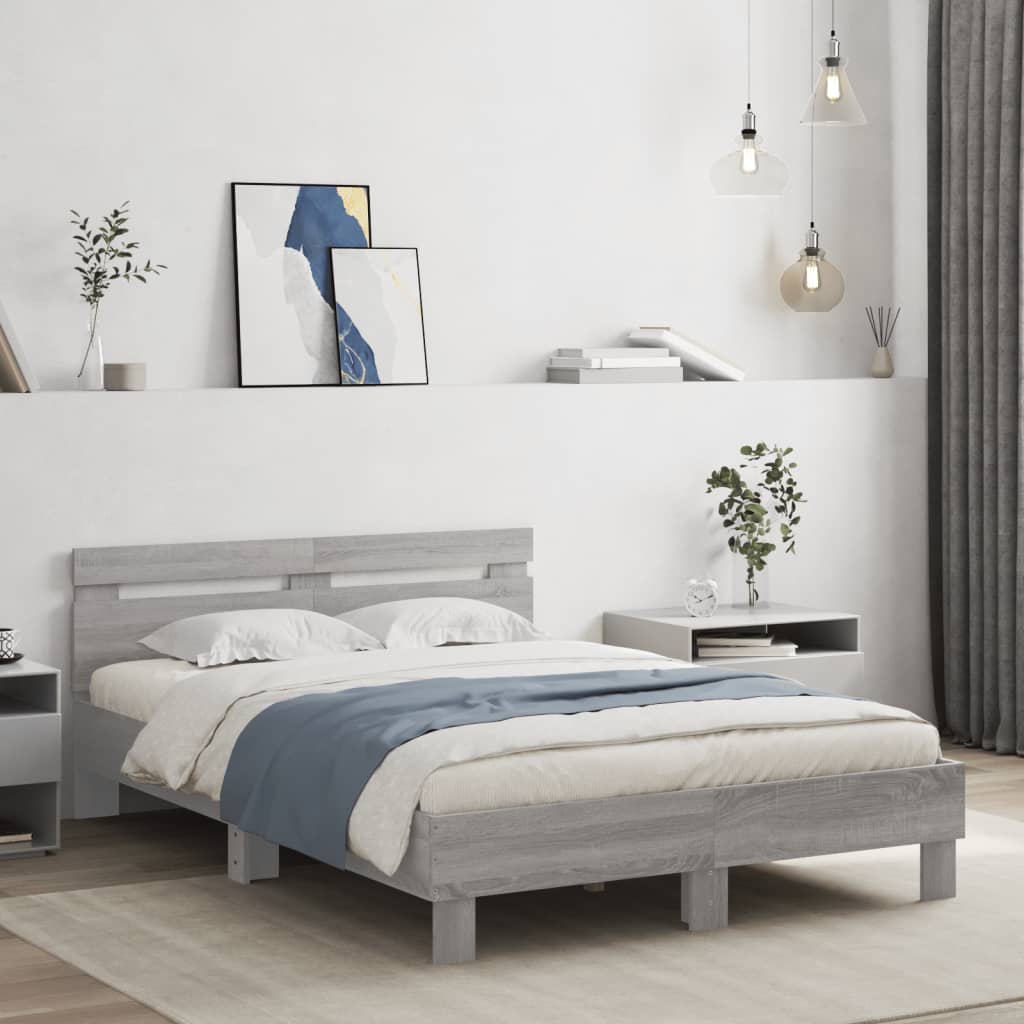 Bedframe met hoofdeinde bewerkt hout grijs sonoma 120x200 cm is nu te koop bij PeponiXL, paradijselijk wonen!