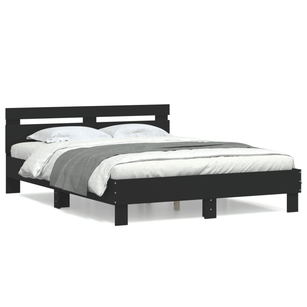 Bedframe met hoofdbord bewerkt hout zwart 140x190 cm is nu te koop bij PeponiXL, paradijselijk wonen!