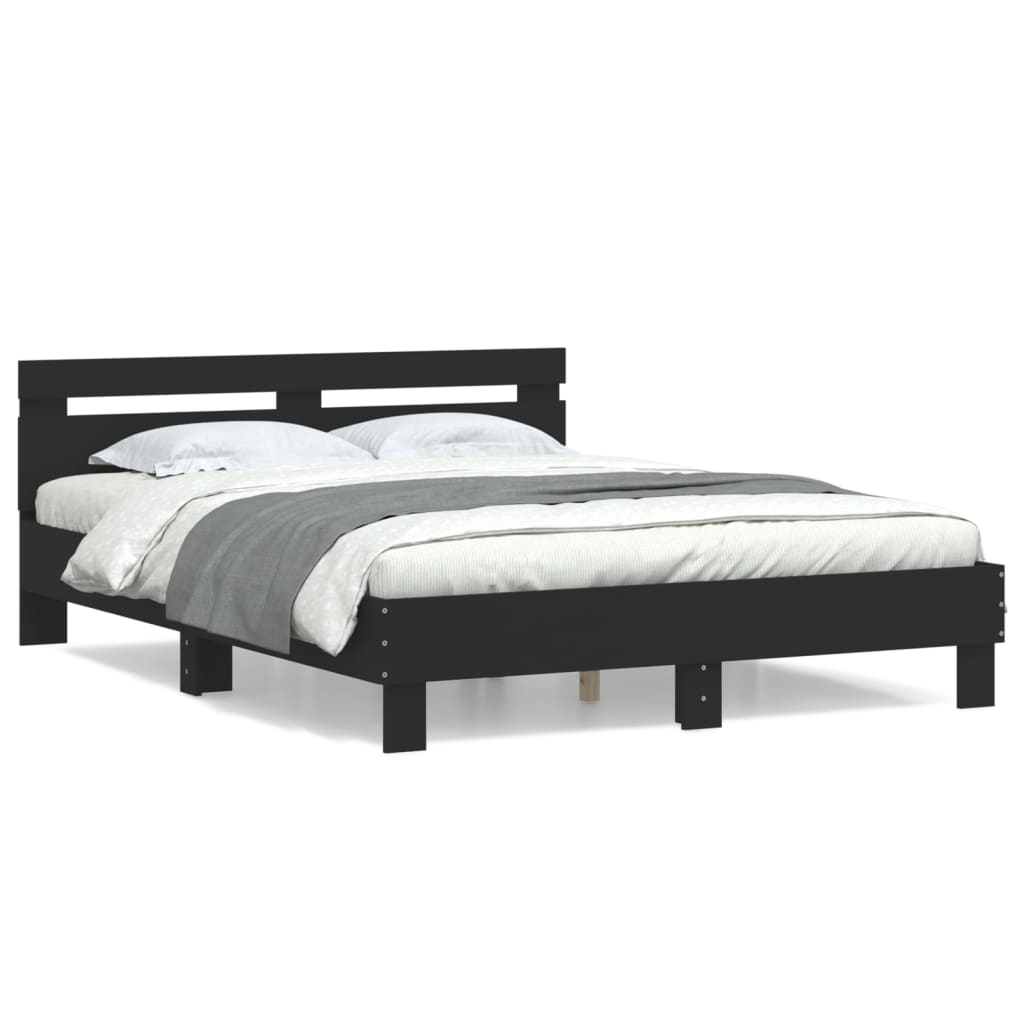 Bedframe met hoofdbord bewerkt hout zwart 140x190 cm is nu te koop bij PeponiXL, paradijselijk wonen!