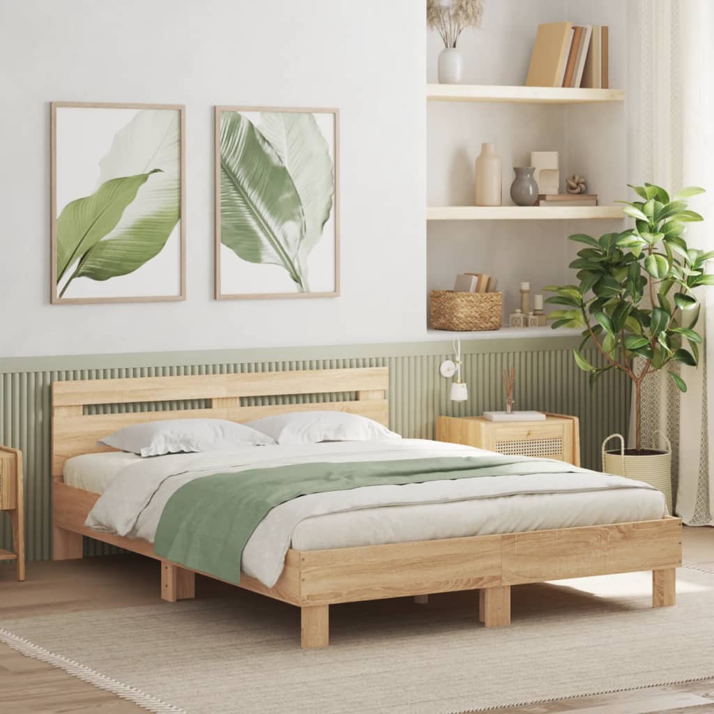 Bedframe met hoofdeinde bewerkt hout sonoma eiken 140x190 cm is nu te koop bij PeponiXL, paradijselijk wonen!