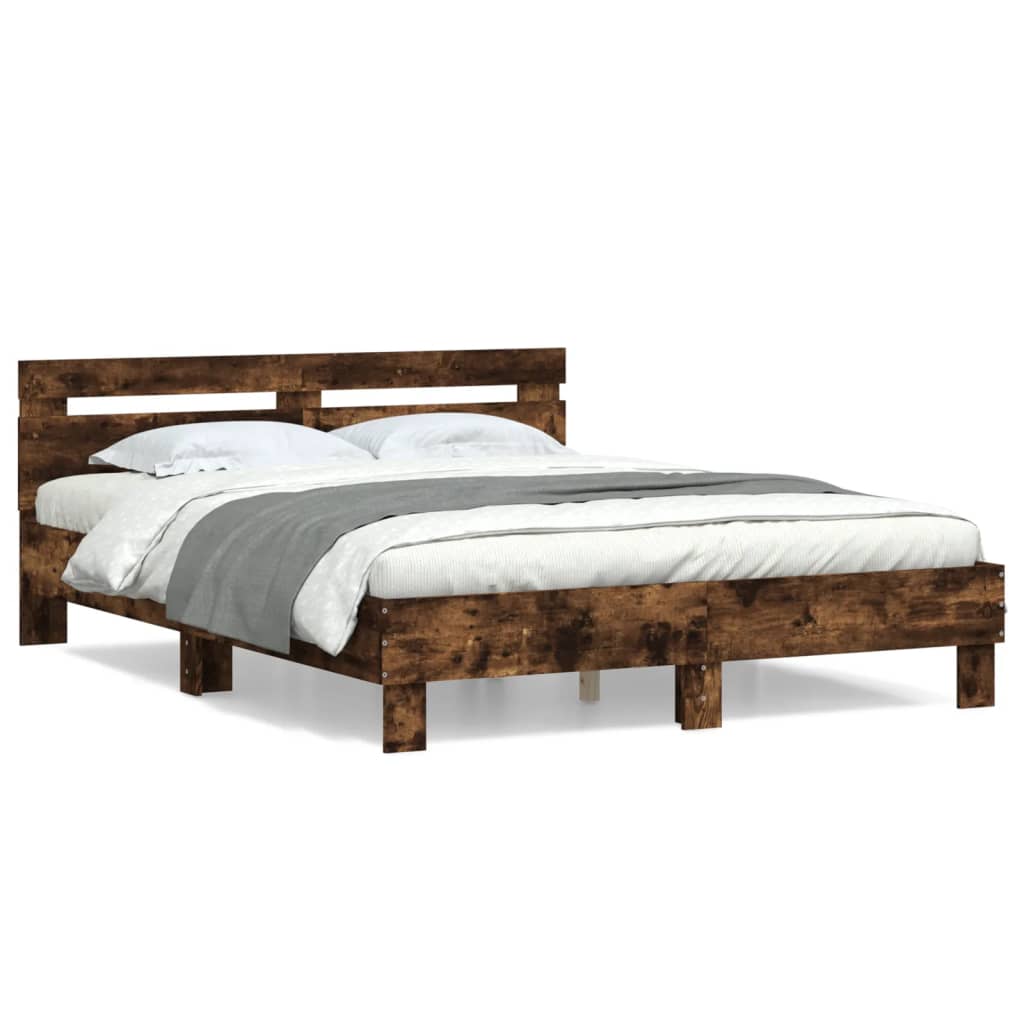 Bedframe met hoofdeinde bewerkt hout gerookt eiken 140x190 cm is nu te koop bij PeponiXL, paradijselijk wonen!