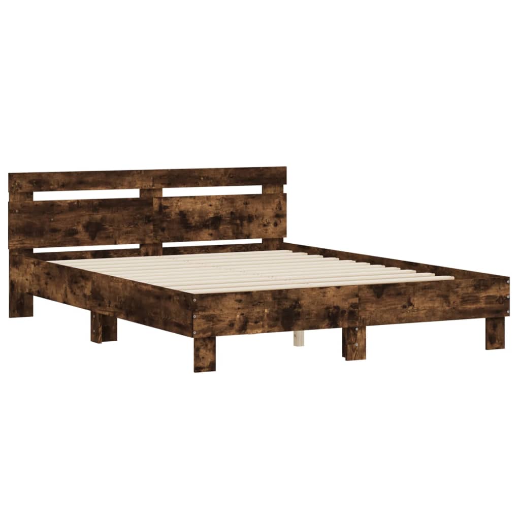 Bedframe met hoofdeinde bewerkt hout gerookt eiken 140x190 cm is nu te koop bij PeponiXL, paradijselijk wonen!