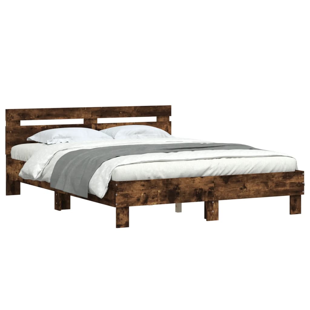 Bedframe met hoofdeinde bewerkt hout gerookt eiken 140x190 cm is nu te koop bij PeponiXL, paradijselijk wonen!