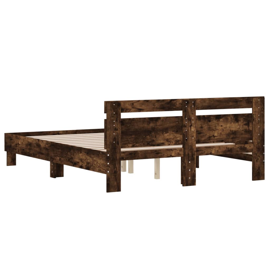 Bedframe met hoofdeinde bewerkt hout gerookt eiken 140x190 cm is nu te koop bij PeponiXL, paradijselijk wonen!