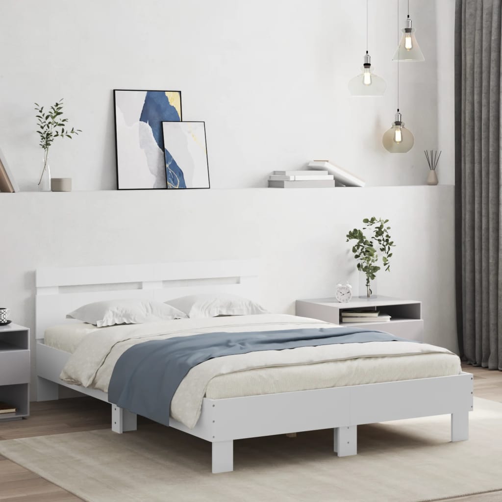 Bedframe met hoofdeinde bewerkt hout wit 135x190 cm is nu te koop bij PeponiXL, paradijselijk wonen!