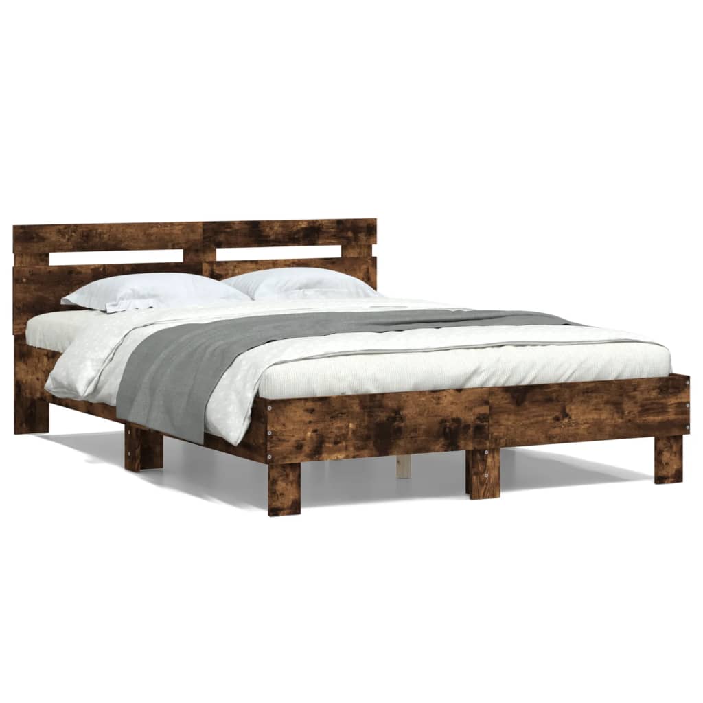 Bedframe met hoofdeinde bewerkt hout gerookt eiken 120x190 cm is nu te koop bij PeponiXL, paradijselijk wonen!