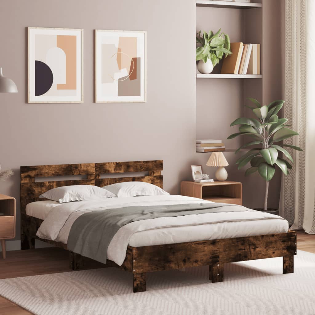 Bedframe met hoofdeinde bewerkt hout gerookt eiken 120x190 cm is nu te koop bij PeponiXL, paradijselijk wonen!