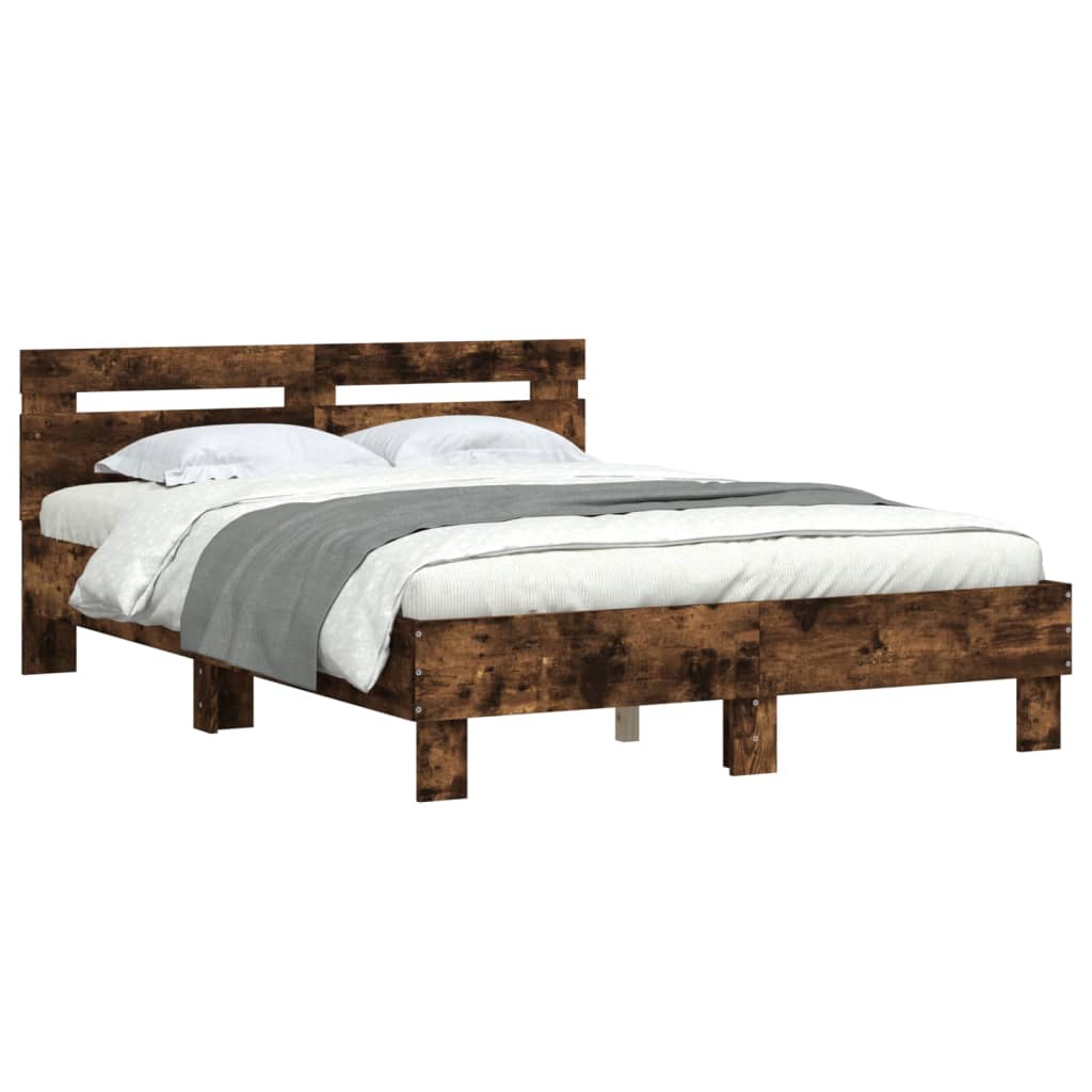 Bedframe met hoofdeinde bewerkt hout gerookt eiken 120x190 cm is nu te koop bij PeponiXL, paradijselijk wonen!