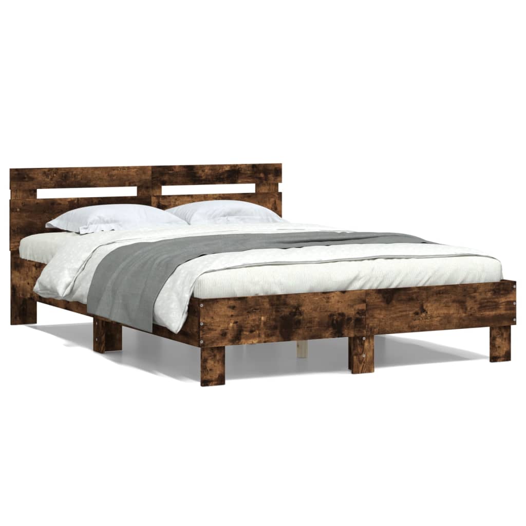 Bedframe met hoofdeinde bewerkt hout gerookt eiken 120x190 cm is nu te koop bij PeponiXL, paradijselijk wonen!