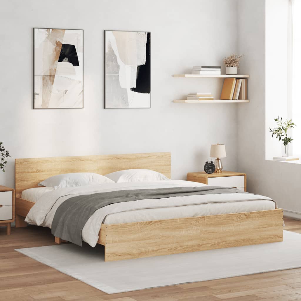 Bedframe met hoofdeinde sonoma eikenkleur 200x200 cm is nu te koop bij PeponiXL, paradijselijk wonen!