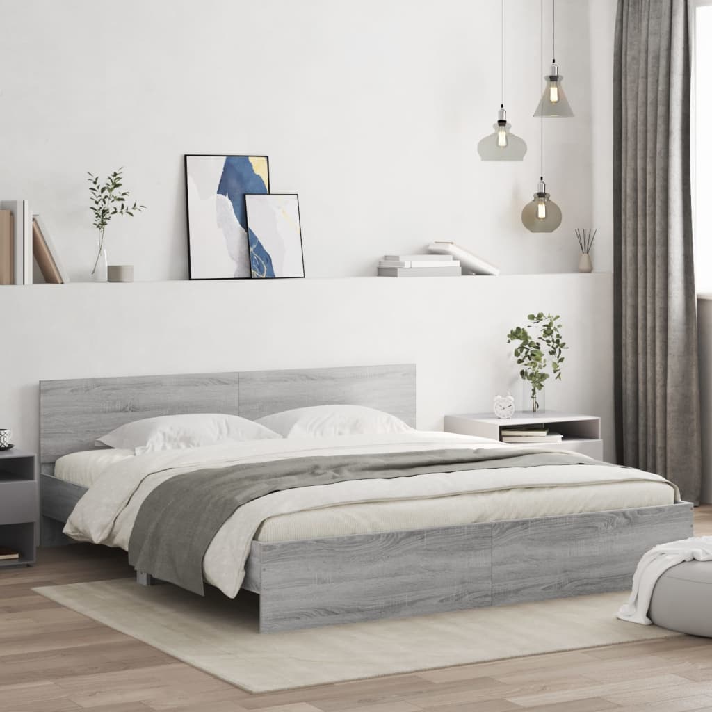 Bedframe met hoofdeinde grijs sonoma eikenkleurig 200x200 cm is nu te koop bij PeponiXL, paradijselijk wonen!