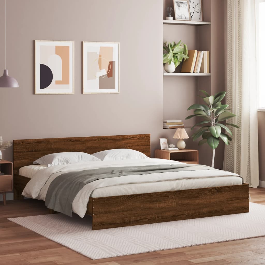 Bedframe met hoofdeinde bruin eikenkleur 200x200 cm is nu te koop bij PeponiXL, paradijselijk wonen!