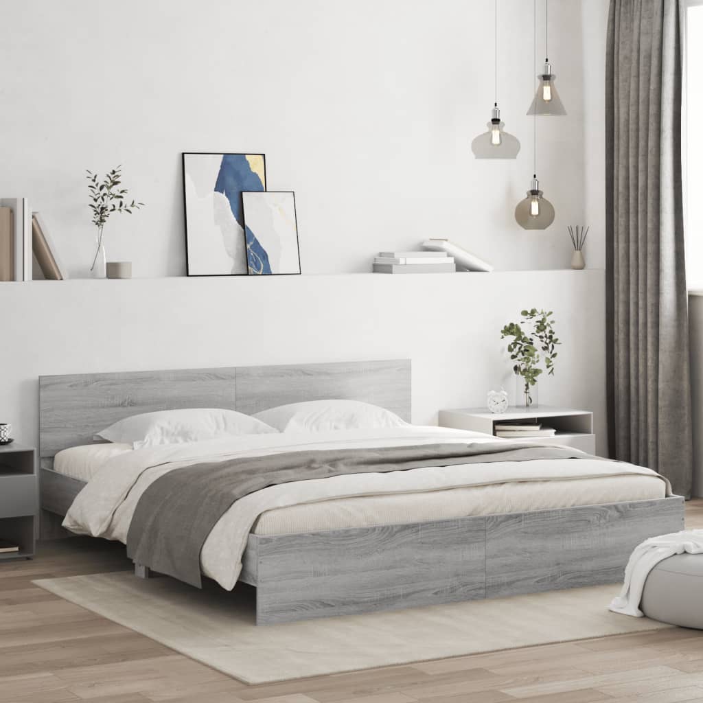 Bedframe met hoofdeinde grijs sonoma eikenkleurig 160x200 cm is nu te koop bij PeponiXL, paradijselijk wonen!