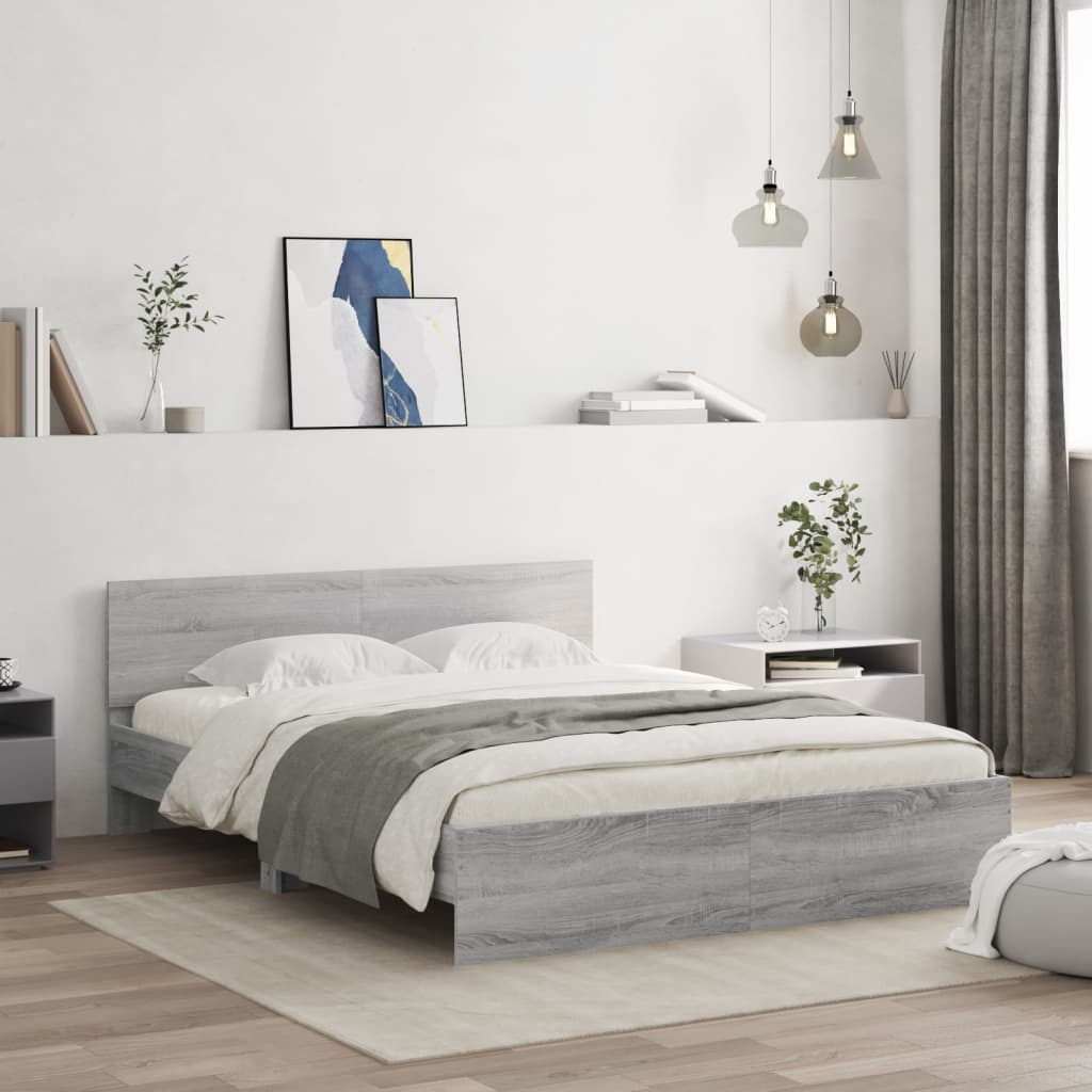 Bedframe met hoofdeinde grijs sonoma eikenkleurig 150x200 cm is nu te koop bij PeponiXL, paradijselijk wonen!