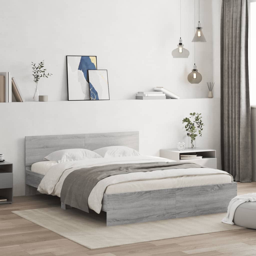 Bedframe met hoofdeinde grijs sonoma eikenkleurig 140x200 cm is nu te koop bij PeponiXL, paradijselijk wonen!