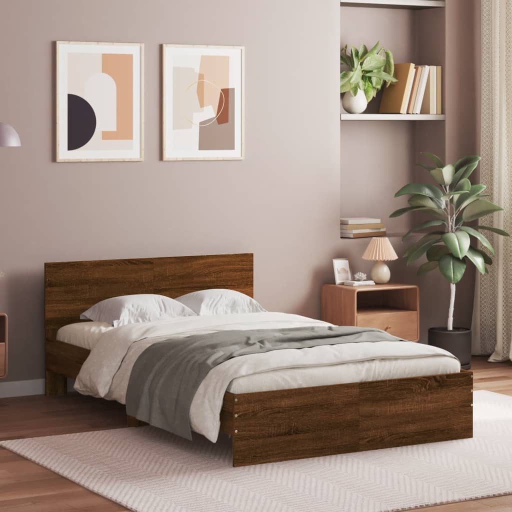 Bedframe met hoofdeinde bruin eikenkleur 135x190 cm is nu te koop bij PeponiXL, paradijselijk wonen!