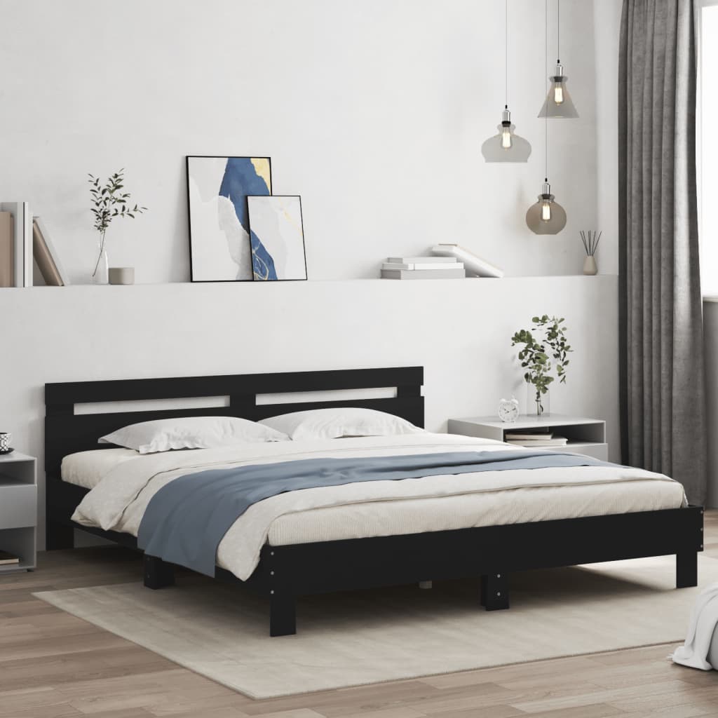 Bedframe met hoofdeinde en LED-verlichting zwart 200x200 cm is nu te koop bij PeponiXL, paradijselijk wonen!