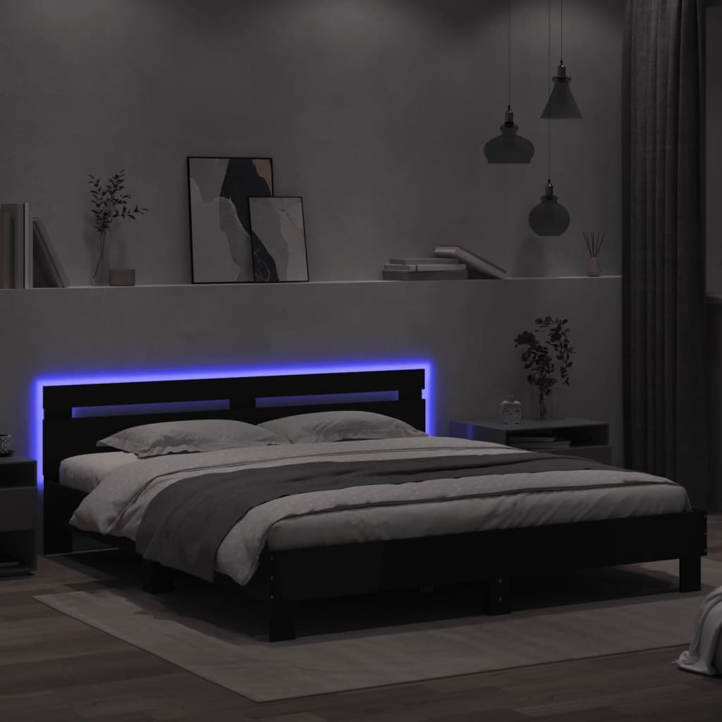 Bedframe met hoofdeinde en LED-verlichting zwart 200x200 cm is nu te koop bij PeponiXL, paradijselijk wonen!