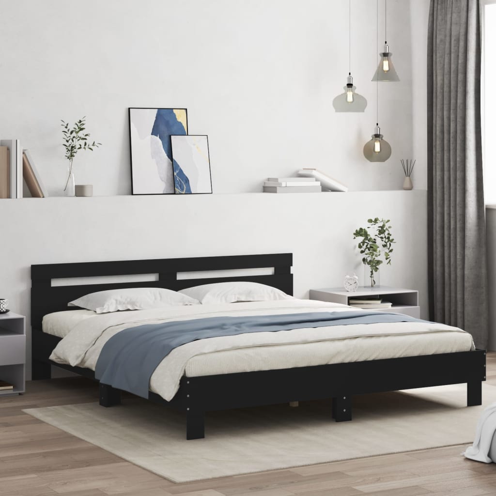 Bedframe met hoofdeinde en LED-verlichting zwart 200x200 cm is nu te koop bij PeponiXL, paradijselijk wonen!