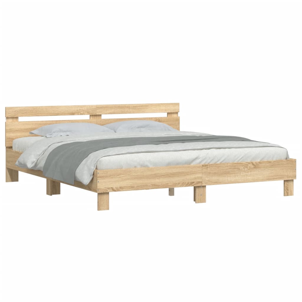 Bedframe met hoofdeinde en LED sonoma eikenkleurig 200x200 cm is nu te koop bij PeponiXL, paradijselijk wonen!