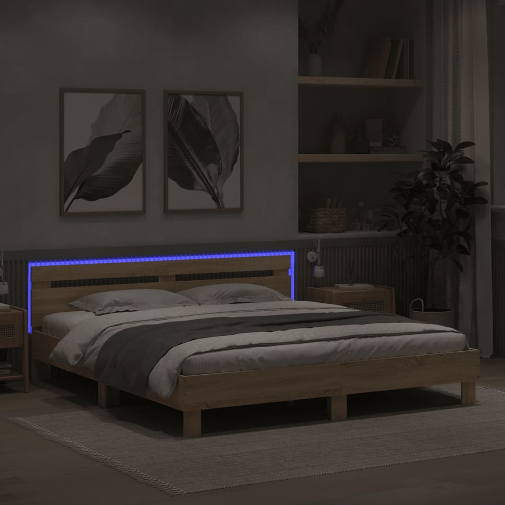 Bedframe met hoofdeinde en LED sonoma eikenkleurig 200x200 cm is nu te koop bij PeponiXL, paradijselijk wonen!